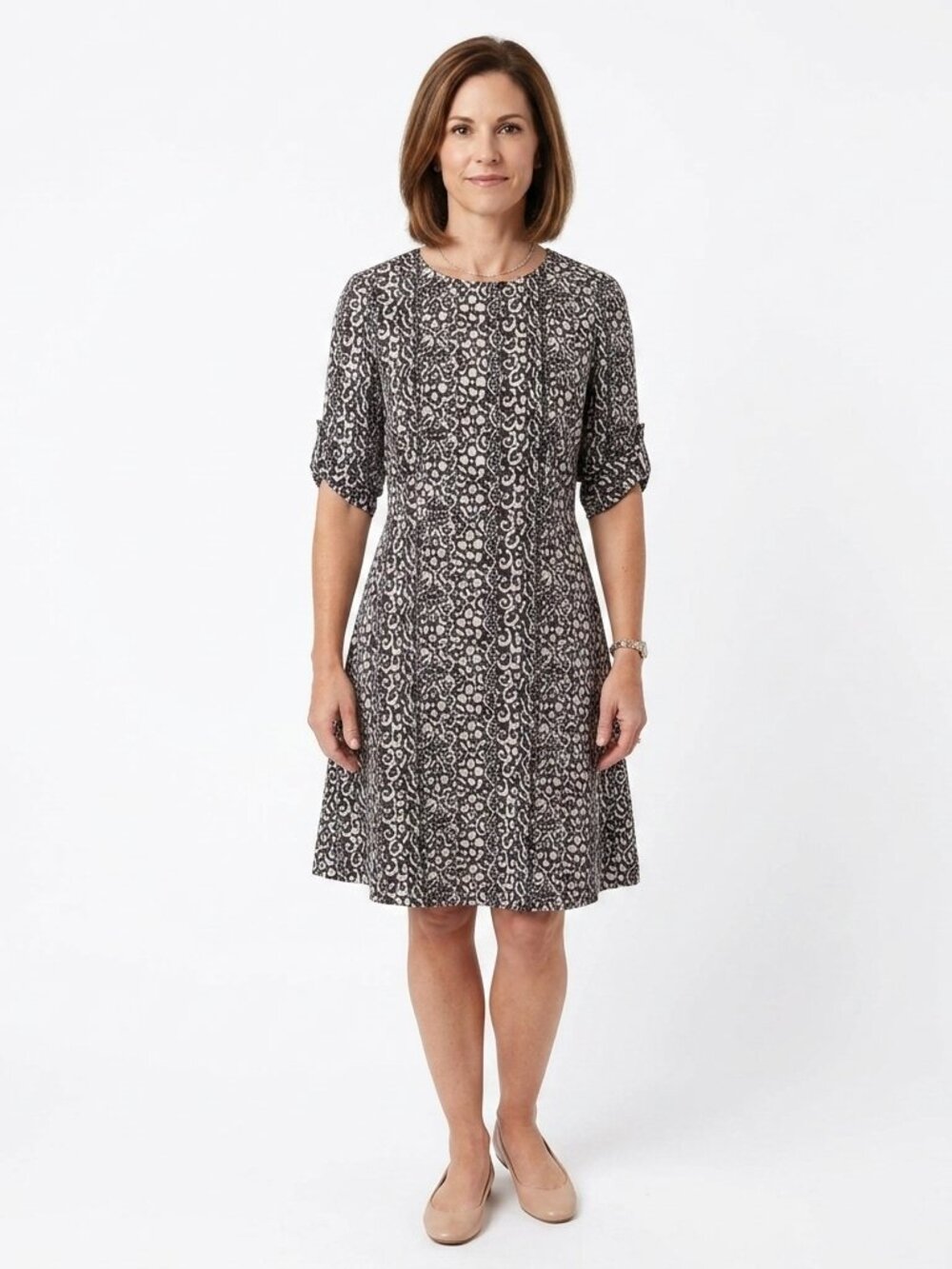 DKNY 3/4 Sleeve Roll up Sleeve Tab Crew Neck Fit & Flare Dress- Sz. 6